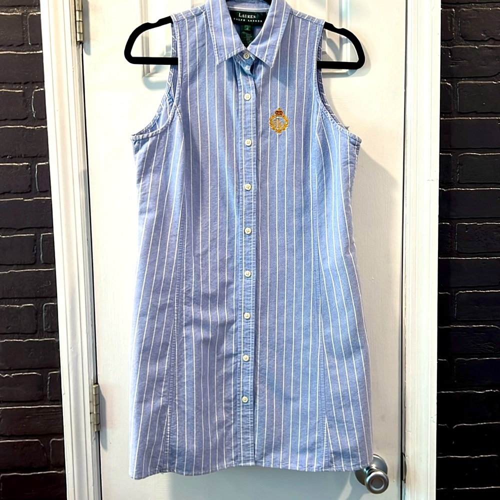 Lauren Ralph Lauren button up sleeveless shirt dress size 6 cotton pinstriped